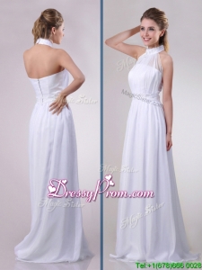 Empire Halter Top Applique Decorated Waist White Christmas Party Dress in Chiffon
