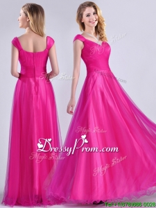 Exclusive Organza Beaded Top Hot Pink Christmas Party Dress with Cap Sleeves
