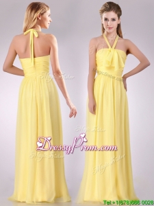 Lovely Halter Top Chiffon Ruched Long Christmas Party Dress in Yellow