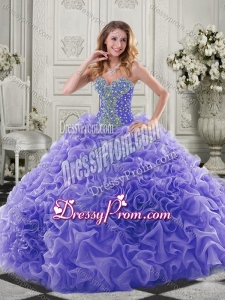 Latest Puffy Skirt Beaded and Ruffled Lavender Quinceanera Dresses in Organza