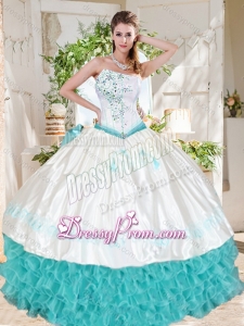 Exclusive Ruffled and Beaded Asymmetrical Beautiful Quinceanera Dress with White and Aqua Blue