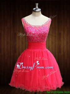 Vintage Beaded Bodice Open Back Organza Prom Dress in Coral Red