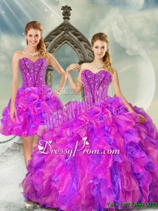 2015 Detachable and Custom Made Fuchsia and Lavender Quince Dresses with Beading and Ruffles