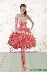 2015 Elegant Ruffled Strapless Prom Dresses in Watermelon