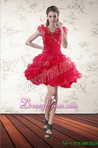 Beaded Sweetheart Red 2015 Christmas Party Dress with Ruffled Layers