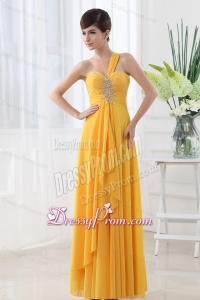 Empire Gold One Shoulder Beading and Ruching Chiffon Prom Dress