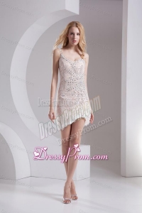 Column Linen One Shoulder Lace Asymmetrical Prom Dress with Beading