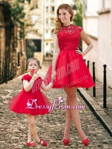 2016 Feminine High Neck Backless Prom Dress in Red and Beautiful Mini Length Little Girl Dress with Cap Sleeves