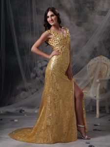 Popular V-Neck Rhinestones Sequins Gold Prom Evening Dress