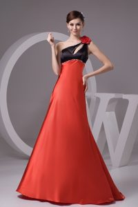 Black and Rust Red Prom Dress with A Flower Decorated Strap