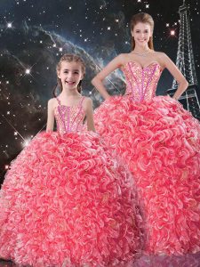 Glamorous Coral Red Sleeveless Floor Length Beading and Ruffles Lace Up Quinceanera Gowns