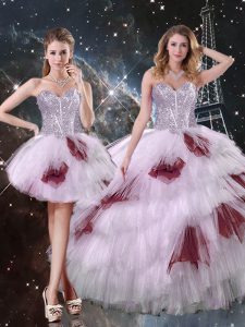 Multi-color Tulle Lace Up Sweetheart Sleeveless Floor Length Sweet 16 Quinceanera Dress Beading and Ruffled Layers and Sequins