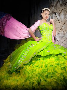 Glamorous Yellow Green Organza Lace Up Sweetheart Sleeveless Quinceanera Dress Brush Train Embroidery and Ruffles