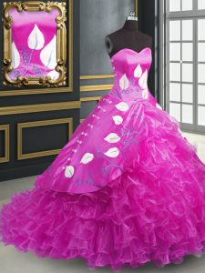 Fuchsia Sweetheart Neckline Embroidery and Ruffles Ball Gown Prom Dress Sleeveless Lace Up