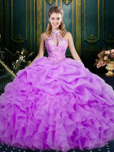 Lilac Ball Gowns Beading and Ruffles and Pick Ups Quinceanera Dress Lace Up Organza Sleeveless Floor Length