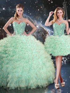 Apple Green Ball Gowns Sweetheart Sleeveless Organza Floor Length Lace Up Beading and Ruffles 15th Birthday Dress
