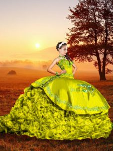 Sleeveless Organza Brush Train Lace Up Sweet 16 Quinceanera Dress in Yellow Green with Embroidery and Ruffles