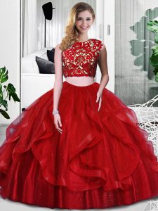 Fine Wine Red Quince Ball Gowns Military Ball and Sweet 16 and Quinceanera with Lace and Ruffles Scoop Sleeveless Zipper