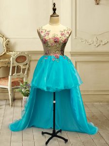 Sweet Baby Blue Ball Gowns Embroidery Lace Up Organza Sleeveless High Low
