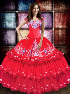 Ball Gowns Quinceanera Dress Coral Red Off The Shoulder Taffeta Sleeveless Floor Length Lace Up