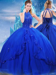 Stylish Royal Blue High-neck Neckline Beading and Ruffles Ball Gown Prom Dress Sleeveless Lace Up