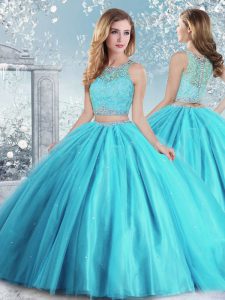 Tulle Sleeveless Floor Length Ball Gown Prom Dress and Beading and Sequins