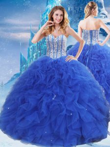 Royal Blue Ball Gowns Sweetheart Sleeveless Organza Floor Length Lace Up Beading and Ruffles and Sequins 15 Quinceanera Dress