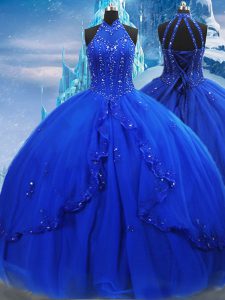 Glorious Royal Blue Sweet 16 Dresses Military Ball and Sweet 16 and Quinceanera with Beading and Ruffles High-neck Sleeveless Brush Train Lace Up