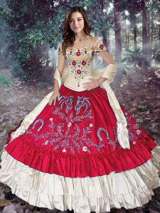 Embroidery and Ruffled Layers Quinceanera Dress Red Lace Up Sleeveless Floor Length