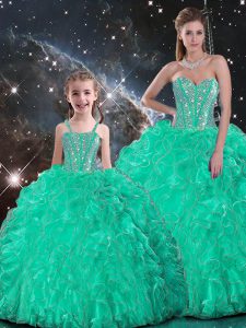 Sleeveless Floor Length Beading and Ruffles Lace Up Quinceanera Gowns with Turquoise