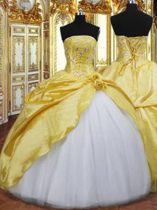 Affordable Gold Taffeta Lace Up Strapless Sleeveless Floor Length 15 Quinceanera Dress Beading and Hand Made Flower