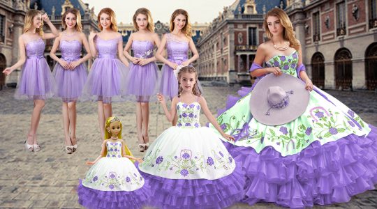 Perfect Sleeveless Satin and Organza Floor Length Lace Up Quinceanera Dress in Lavender with Embroidery and Ruffled Layers