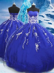 Blue Lace Up Sweetheart Appliques Quinceanera Gown Organza Sleeveless