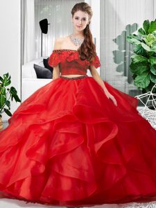 Amazing Sleeveless Tulle Floor Length Lace Up Quince Ball Gowns in Red with Lace and Ruffles