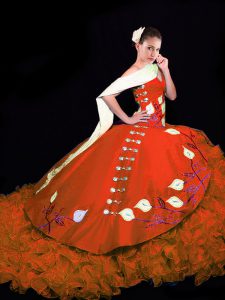 Fantastic Rust Red Lace Up Quinceanera Dresses Embroidery and Ruffles Sleeveless Brush Train