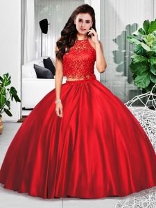 Modest Wine Red Two Pieces Taffeta Halter Top Sleeveless Lace and Ruching Floor Length Zipper Sweet 16 Dress
