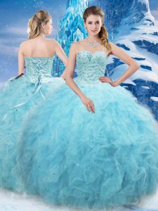 Aqua Blue Ball Gowns Sweetheart Sleeveless Tulle Floor Length Lace Up Beading and Pick Ups 15th Birthday Dress