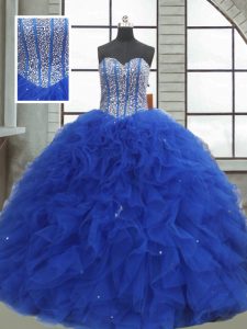 Decent Sleeveless Floor Length Beading and Ruffles and Sequins Lace Up Quinceanera Gowns with Royal Blue