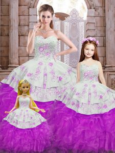 Floor Length White And Purple Sweet 16 Dresses Organza Sleeveless Beading and Appliques and Ruffles