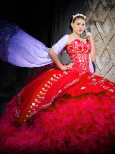 Red Ball Gown Prom Dress Military Ball and Sweet 16 and Quinceanera with Embroidery and Ruffles Sweetheart Sleeveless Brush Train Lace Up