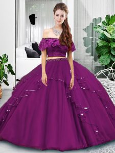 Off The Shoulder Sleeveless 15th Birthday Dress Floor Length Lace and Ruffles Eggplant Purple Tulle