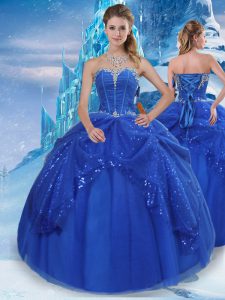 Customized Floor Length Royal Blue Quinceanera Dresses Tulle Sleeveless Beading and Pick Ups