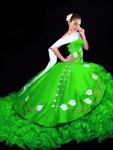 Edgy Green Lace Up Sweetheart Embroidery and Ruffles Sweet 16 Dresses Organza Sleeveless Brush Train