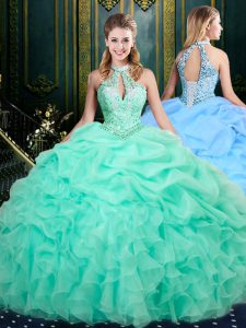 Nice Apple Green Ball Gowns Halter Top Sleeveless Organza Floor Length Lace Up Beading and Ruffles and Pick Ups 15 Quinceanera Dress