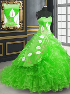 Sexy Sleeveless Organza Brush Train Lace Up Vestidos de Quinceanera in Green with Embroidery