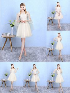 Beauteous Empire Court Dresses for Sweet 16 Champagne V-neck Tulle Cap Sleeves Knee Length Lace Up