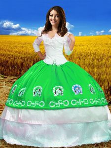Smart Green Ball Gowns Embroidery Sweet 16 Dress Lace Up Taffeta 3 4 Length Sleeve Floor Length