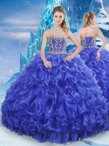 Delicate Organza Strapless Sleeveless Lace Up Beading and Appliques and Ruffles 15 Quinceanera Dress in Royal Blue