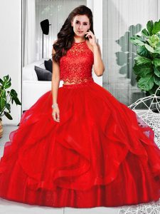 Red Sleeveless Floor Length Lace and Ruffles Zipper Quince Ball Gowns
