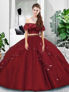 Burgundy Two Pieces Off The Shoulder Sleeveless Tulle Floor Length Lace Up Lace and Ruffles Quinceanera Dresses
